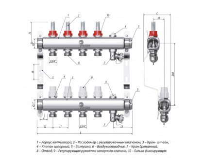 Коллектор нерж. Wester W902 1-3/4 в сборе с расходомерами на 10 выходов