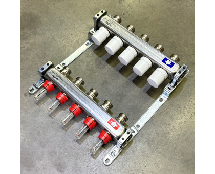 Коллекторная группа 1" Uni-Fitt 450Bнерж. сталь 5 выходов 3/4" с расходомерами и термостатическими вентилями без концевиков